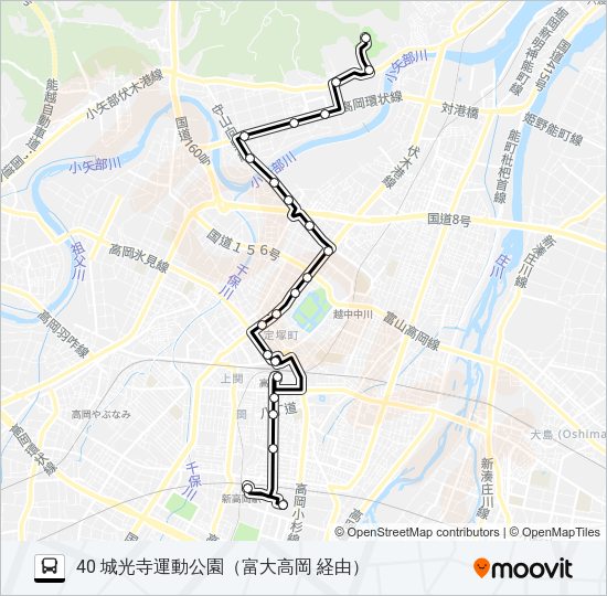イオンモール高岡～富山大学高岡キャンパス～城光寺運動公園 バスの路線図