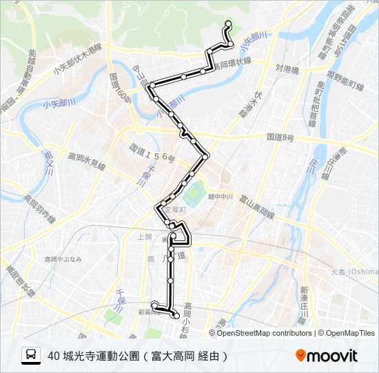 イオンモール高岡～富山大学高岡キャンパス～城光寺運動公園 バスの路線図