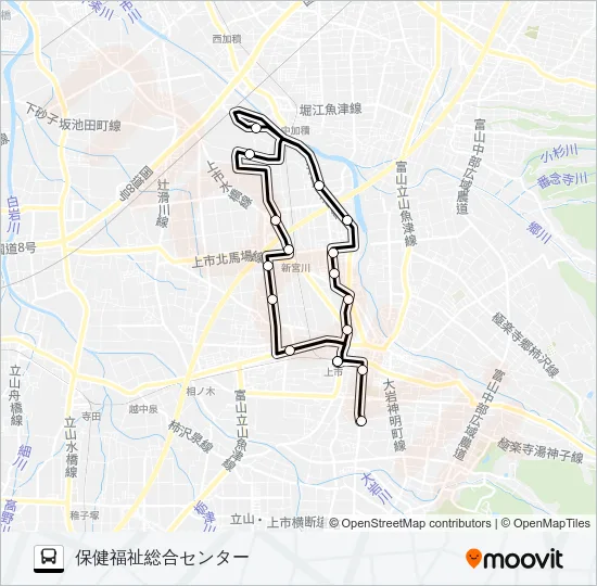 宮川線（上市駅前発　宮川方面　保健福祉総合センター行） バスの路線図