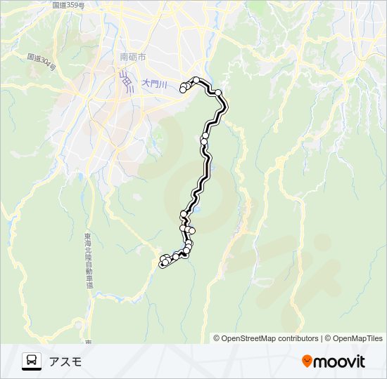 下梨井波線(井波方面) バスの路線図