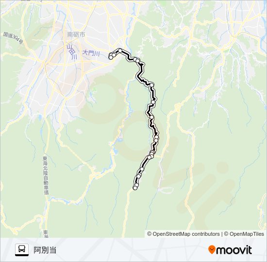 利賀井波線（阿別当方面1便） バスの路線図