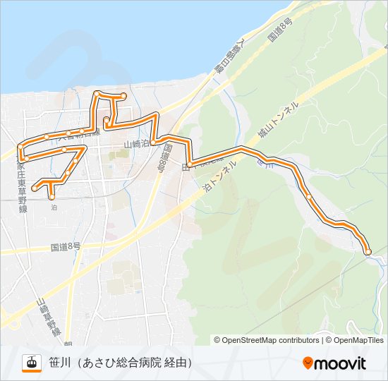 ［笹川線］朝便（泊駅～笹川方面～泊駅） gondola Line Map