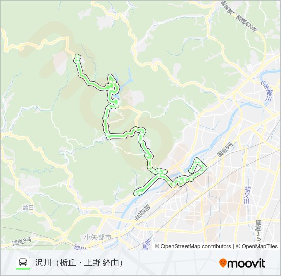 五位山線　沢川行（上野・栃丘経由） バスの路線図