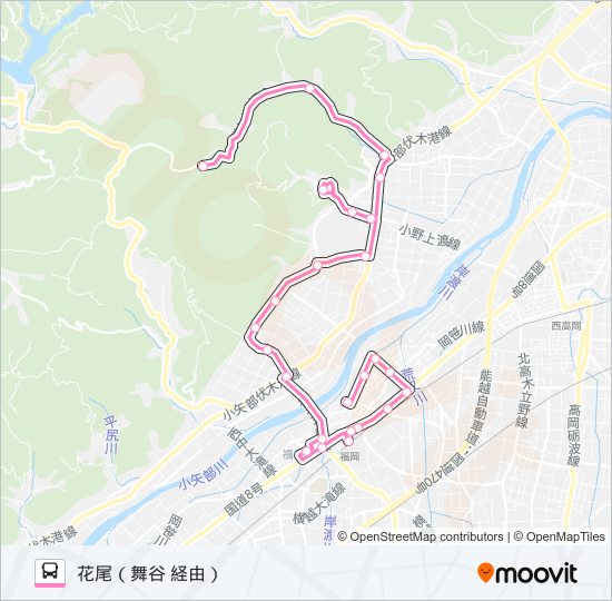 花尾線　花尾行（加茂・こぶし荘前経由） バスの路線図