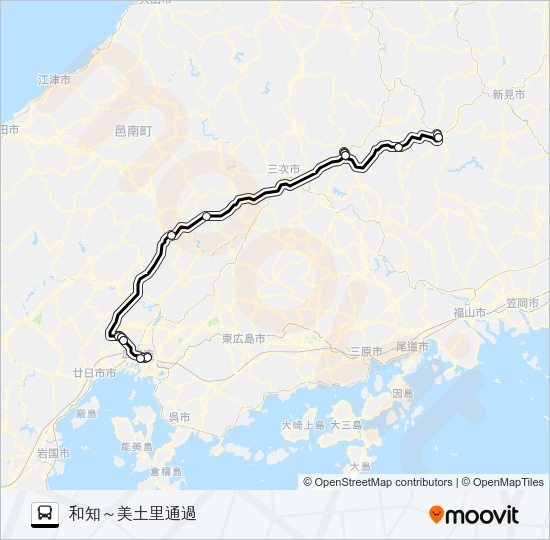 高速：東城～広島線 バスの路線図
