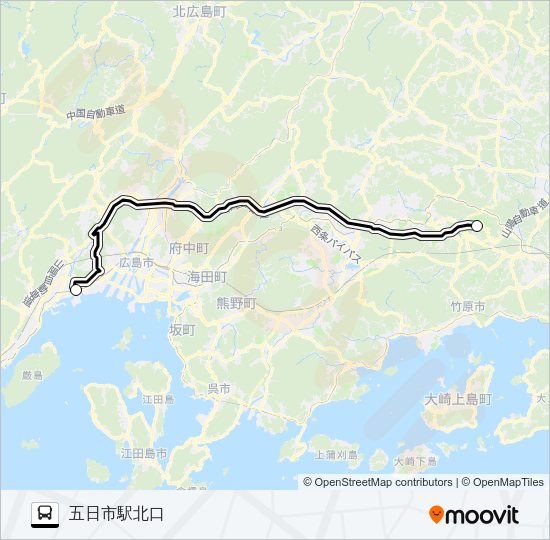 五駅北口～アルパーク～TOH～広島空港（広島空港発） Bus Line Map