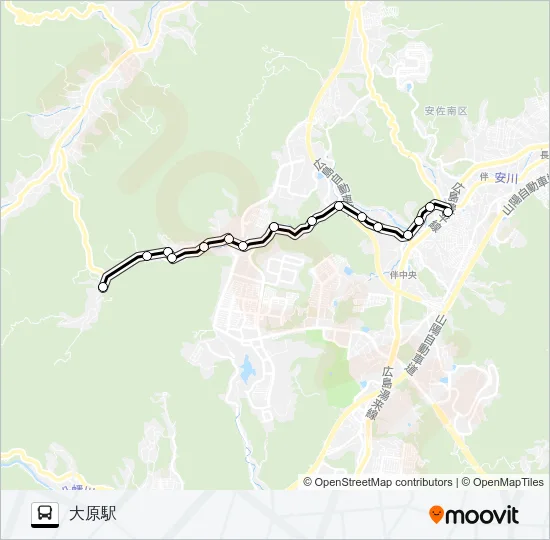 上奥畑→伴学校前→大原駅 バスの路線図