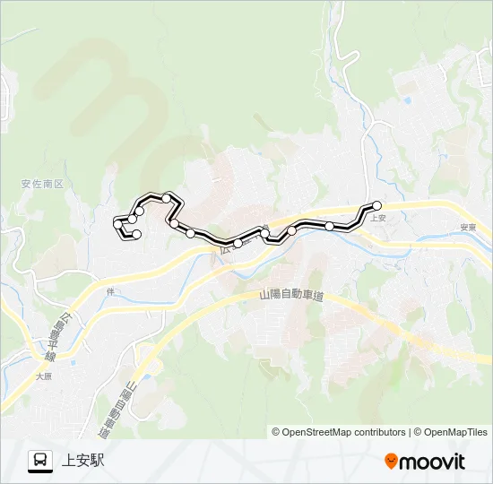 瀬戸内ハイツ→旧道→上安駅 Bus Line Map