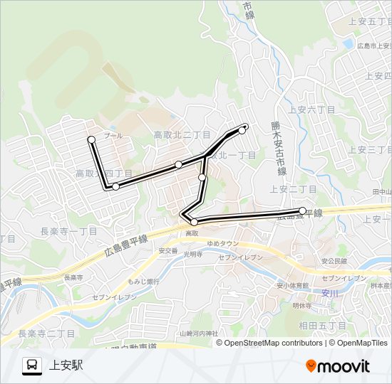 第二高取団地→向ヶ丘団地→上安駅 バスの路線図