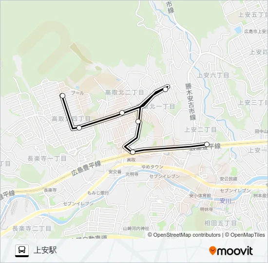 第二高取団地→向ヶ丘団地→上安駅 Bus Line Map