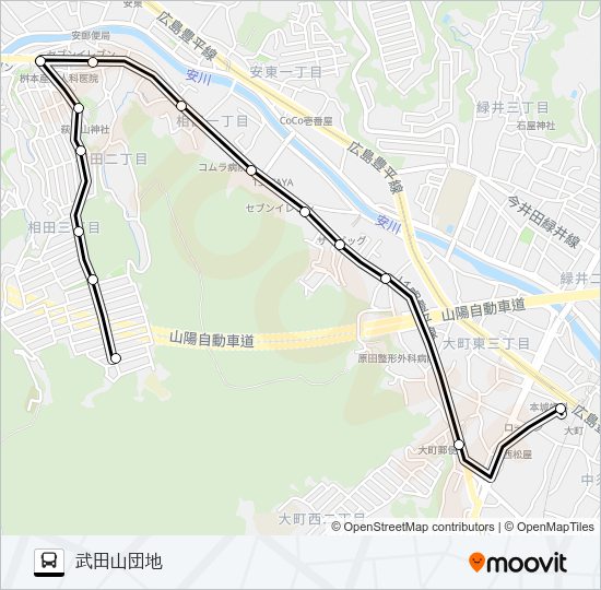 大町駅→安田女子大入口→武田山団地 Bus Line Map