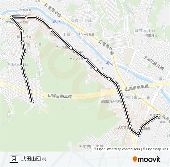 大町駅→安田女子大入口→武田山団地 バスの路線図