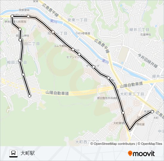 武田山団地→安田女子大入口→大町駅 Bus Line Map