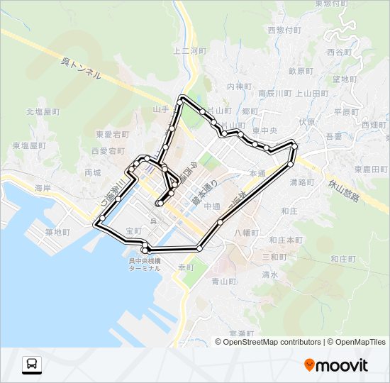【みなと祭り】呉駅～三条二河（右）～呉駅（呉駅前発） Bus Line Map