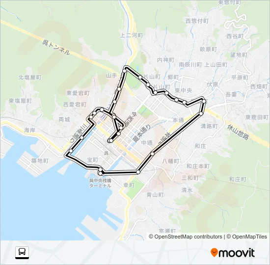 【みなと祭り】呉駅～三条二河（右）～呉駅（呉駅前発） Bus Line Map