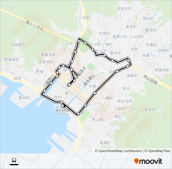 【みなと祭り】呉駅～三条二河（左）～呉駅（呉駅前発） Bus Line Map
