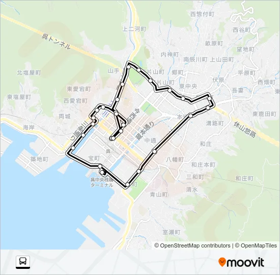 【みなと祭り】呉駅～三条二河（左）～呉駅（呉駅前発） Bus Line Map