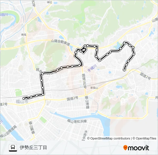 福山～福山市民病院～伊勢ヶ丘三丁目線 バスの路線図