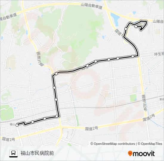 福山～福山市民病院～伊勢ヶ丘三丁目線 Bus Line Map