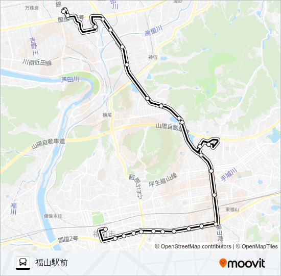 福山～国道～福山市民病院～中国中央病院線 Bus Line Map