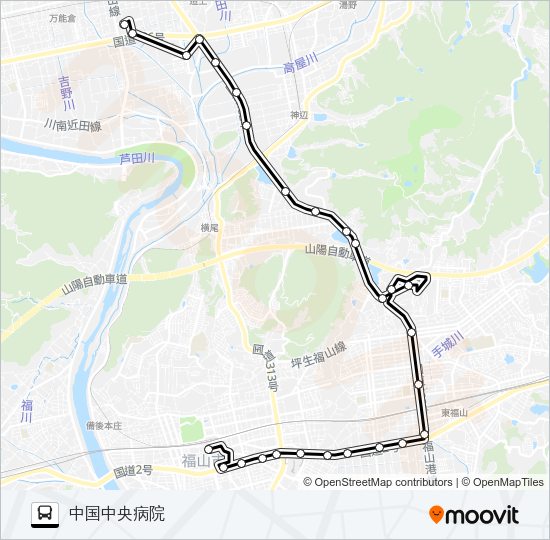 福山～国道～福山市民病院～中国中央病院線 Bus Line Map