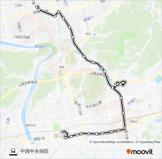 福山～国道～福山市民病院～中国中央病院線 バスの路線図