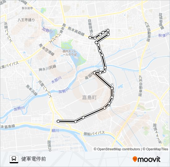 K2-2：イオン→東区→健軍 Bus Line Map