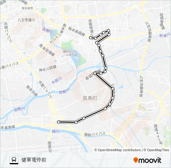 K2-2：イオン→東区→健軍 Bus Line Map