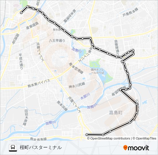 K2-1：イオン→東区→健軍→県庁→桜町バスターミナル Bus Line Map