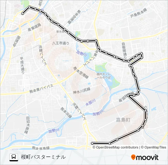 K2-1：イオン→東区→健軍→県庁→桜町バスターミナル Bus Line Map