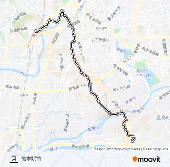 M2-1：イオン→中車庫→田迎→桜町バスターミナル→熊本駅 Bus Line Map