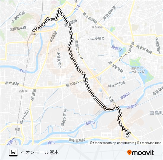 M2-1：熊本駅→桜町バスターミナル→田迎→中車庫→イオン バスの路線図