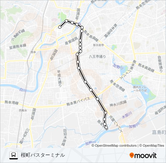 P4-3：中の瀬車庫→出仲間（ﾊﾞ）→尚絅校前→桜町バスターミナル Bus Line Map