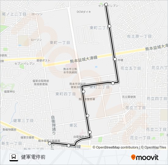 Y1-1：山の神→東町団地→健軍電停 Bus Line Map