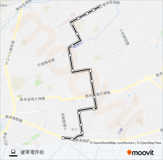Y1-1：長嶺団地→東町団地→健軍電停 Bus Line Map