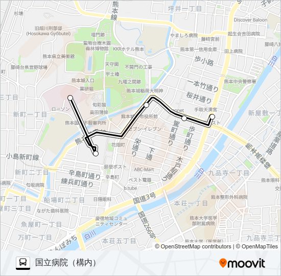 -：水道町→桜町バスターミナル→国立病院 Bus Line Map