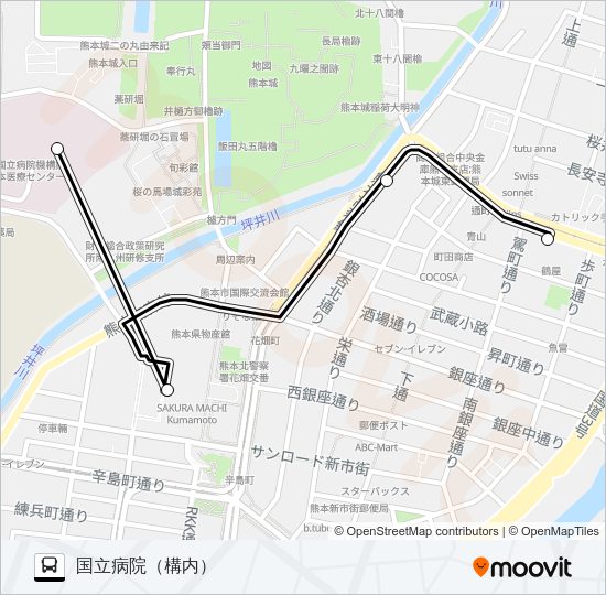 -：通町筋→桜町バスターミナル→国立病院 Bus Line Map