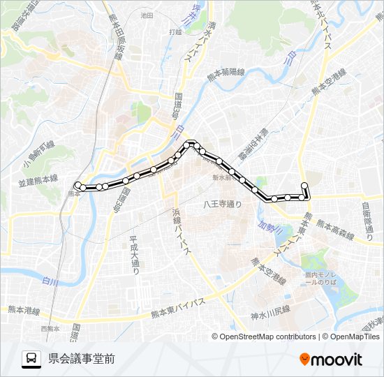 K6-0：熊本駅→大学病院→県庁→県会議事堂 Bus Line Map