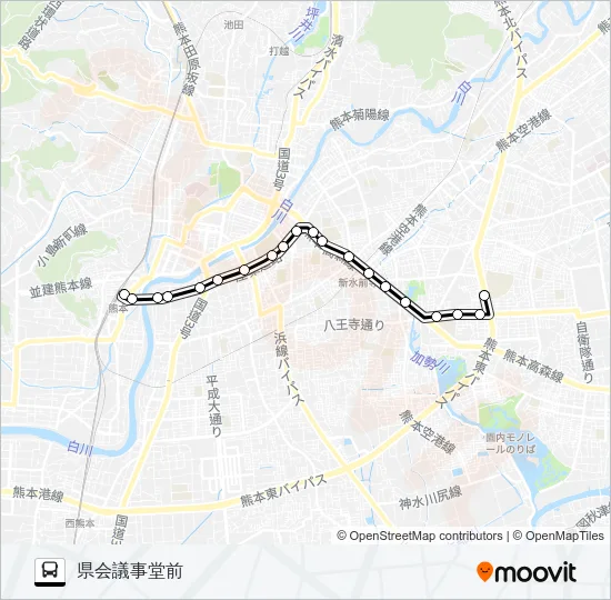 K6-0：熊本駅→大学病院→県庁→県会議事堂 バスの路線図