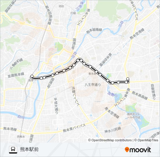 K6-0：県会議事堂→県庁→大学病院→熊本駅 Bus Line Map
