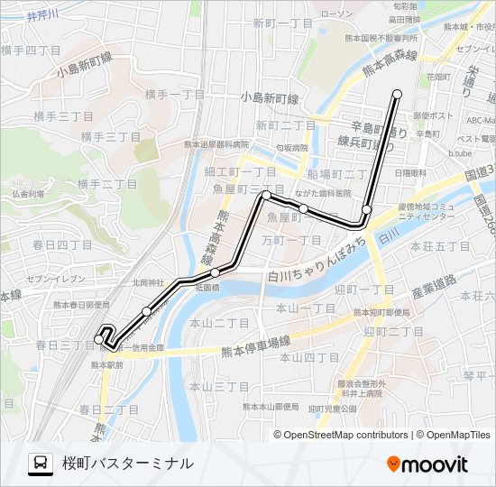 S2-1：熊本駅→河原町→桜町バスターミナル Bus Line Map