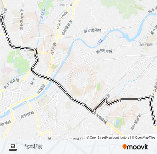 J1-1：県会議事堂→水前寺駅→市役所→上熊本駅 Bus Line Map