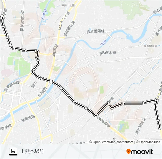 J1-1：県会議事堂→水前寺駅→市役所→上熊本駅 バスの路線図