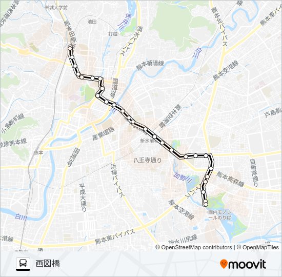 K1-2：上熊本駅→壺井橋→市役所→県庁→画図橋 Bus Line Map