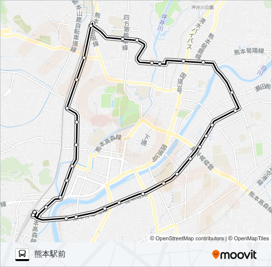 O1-0：熊本駅→新町→上熊本駅→本荘町→熊本駅 Bus Line Map