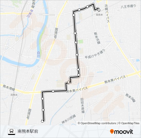 P2-1：野越団地→済生会病院→平成町→南熊本駅 Bus Line Map