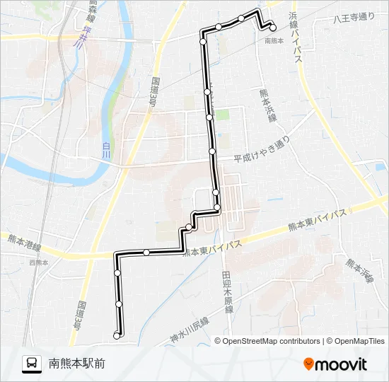 P2-1：野越団地→済生会病院→平成町→南熊本駅 バスの路線図