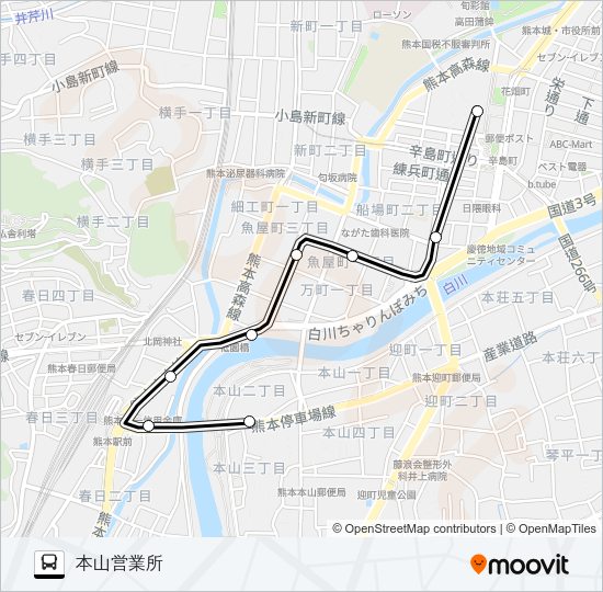 S2-1：桜町バスターミナル→熊本駅→本山営業所 Bus Line Map