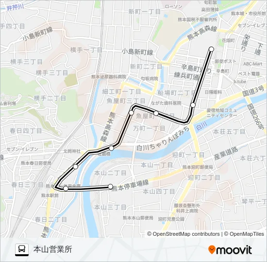 S2-1：桜町バスターミナル→熊本駅→本山営業所 バスの路線図