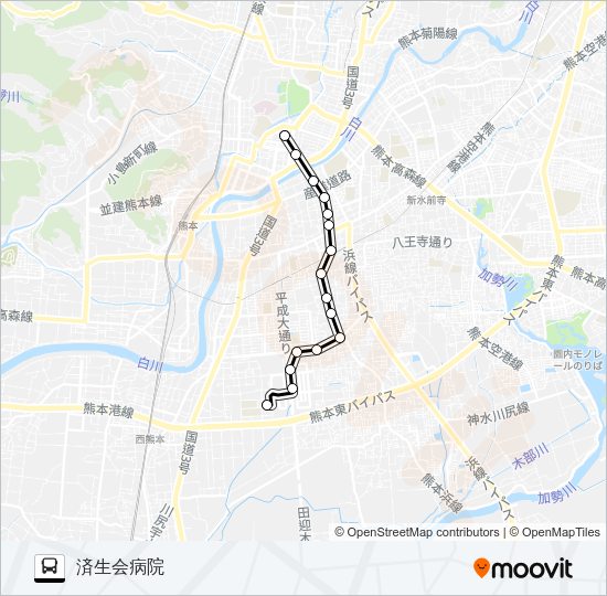 P1-1：桜町バスターミナル→辛島町→萩原→済生会病院 Bus Line Map